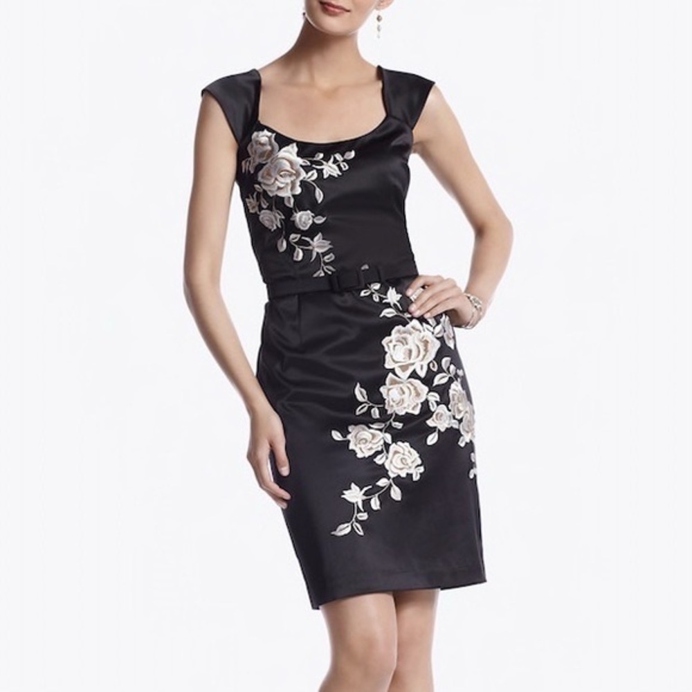 White House Black Market Black Sheath Dress with Cream Floral Embroidery